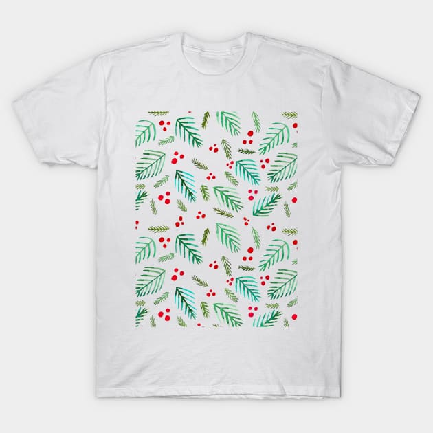 Christmas tree branches and berries - green and red T-Shirt by wackapacka